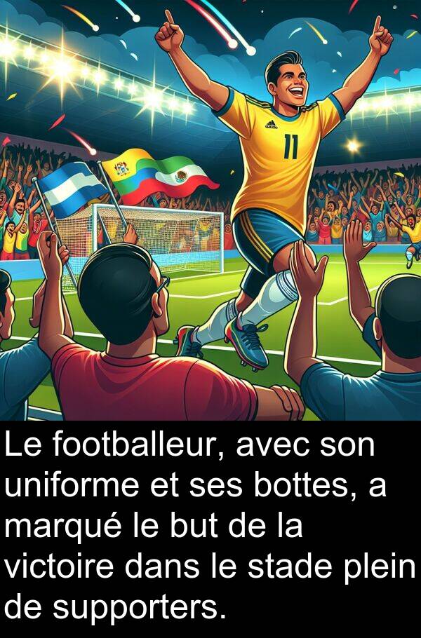 uniforme: Le footballeur, avec son uniforme et ses bottes, a marqué le but de la victoire dans le stade plein de supporters.
