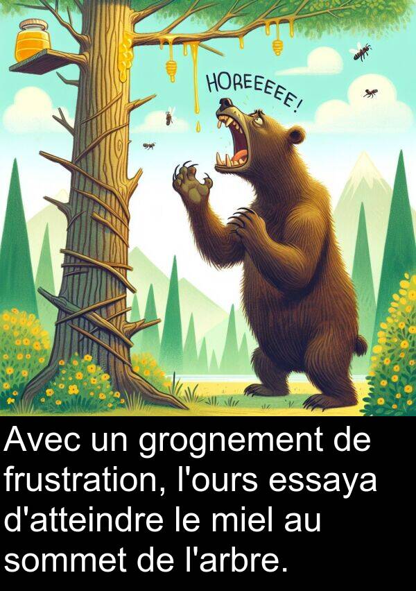 grognement: Avec un grognement de frustration, l'ours essaya d'atteindre le miel au sommet de l'arbre.
