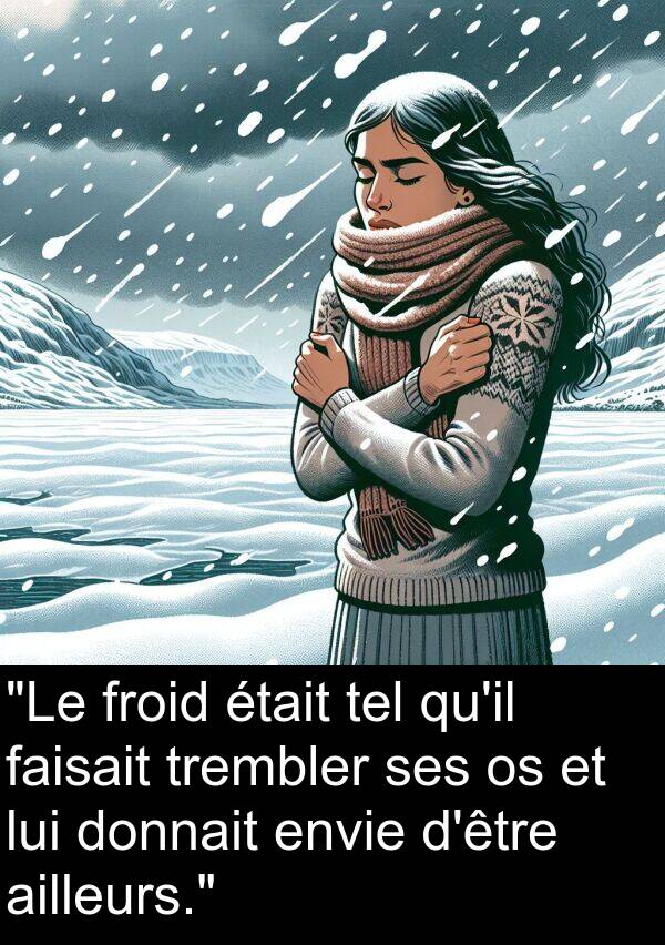 tel: "Le froid était tel qu'il faisait trembler ses os et lui donnait envie d'être ailleurs."