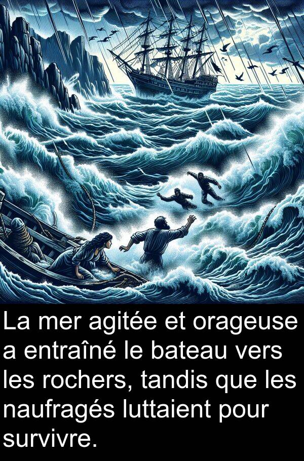 bateau: La mer agitée et orageuse a entraîné le bateau vers les rochers, tandis que les naufragés luttaient pour survivre.