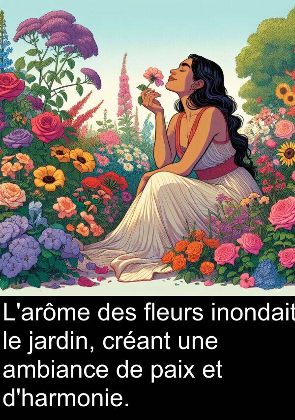 créant: L'arôme des fleurs inondait le jardin, créant une ambiance de paix et d'harmonie.
