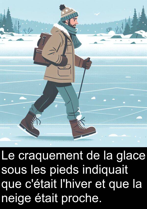 sous: Le craquement de la glace sous les pieds indiquait que c'était l'hiver et que la neige était proche.
