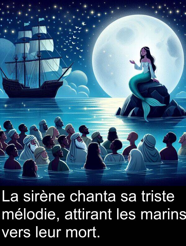 triste: La sirène chanta sa triste mélodie, attirant les marins vers leur mort.