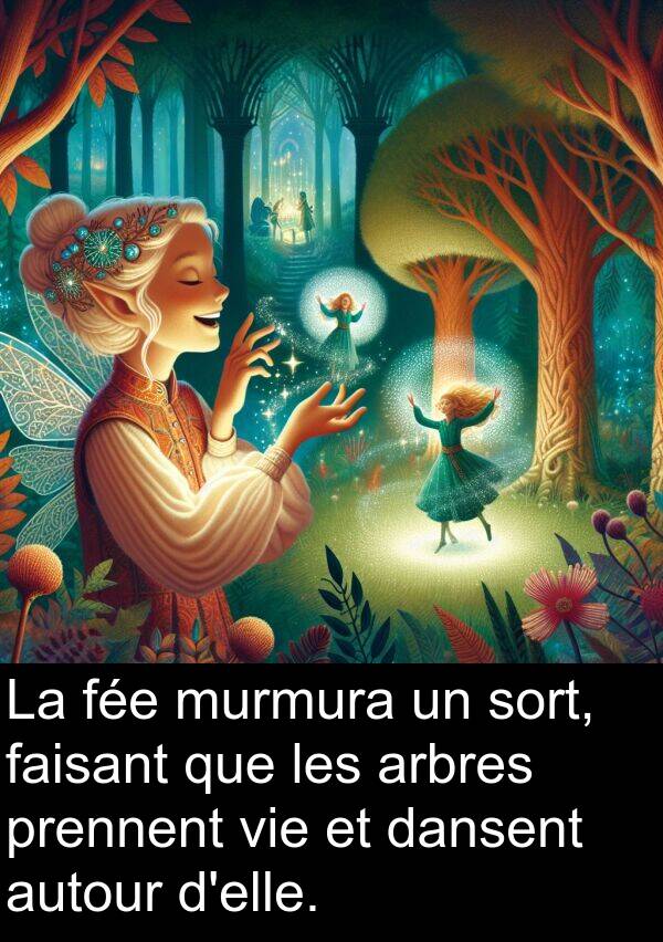 dansent: La fée murmura un sort, faisant que les arbres prennent vie et dansent autour d'elle.