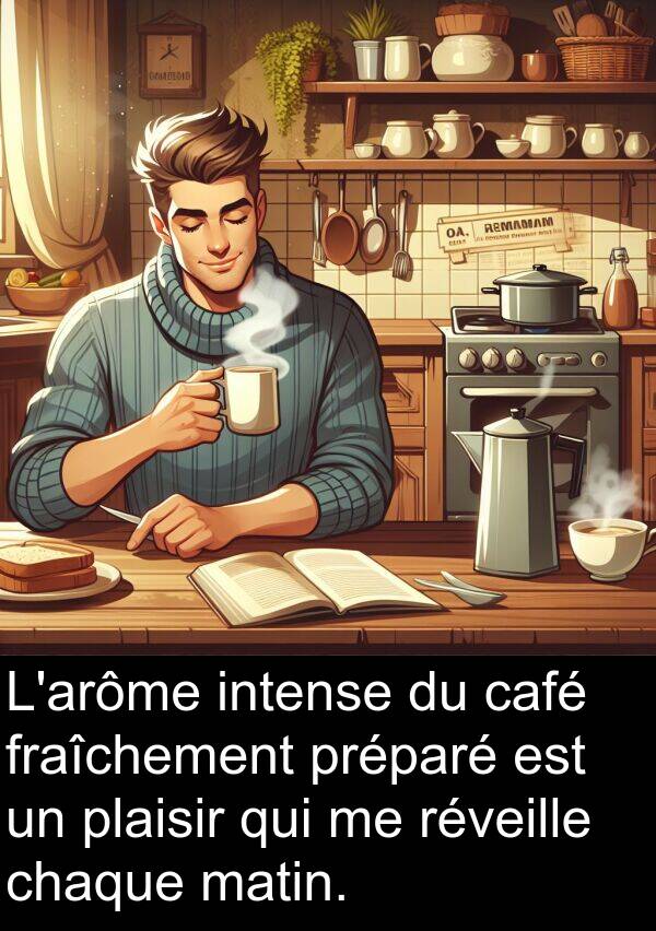 café: L'arôme intense du café fraîchement préparé est un plaisir qui me réveille chaque matin.