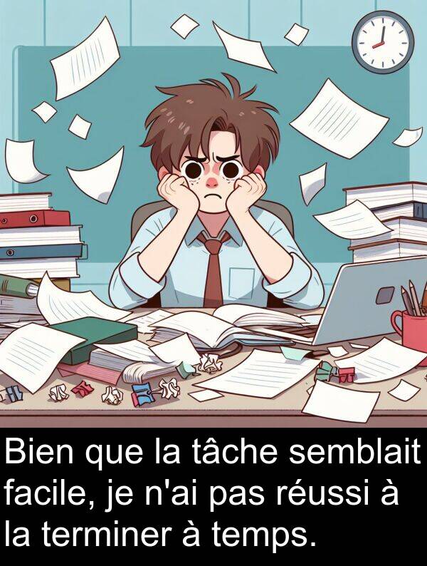temps: Bien que la tâche semblait facile, je n'ai pas réussi à la terminer à temps.