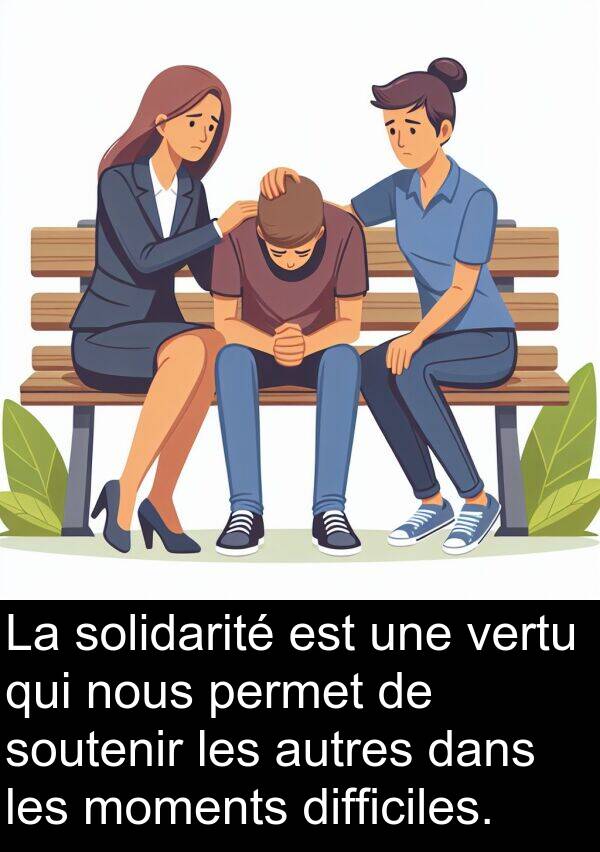 soutenir: La solidarité est une vertu qui nous permet de soutenir les autres dans les moments difficiles.