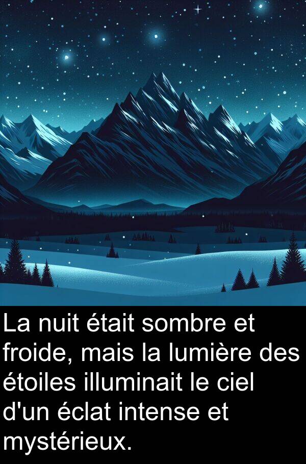 illuminait: La nuit était sombre et froide, mais la lumière des étoiles illuminait le ciel d'un éclat intense et mystérieux.