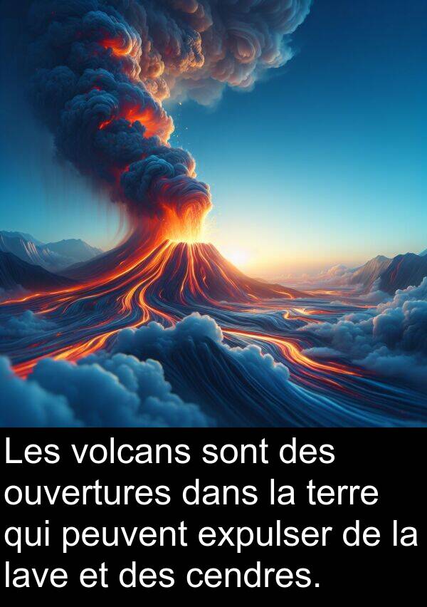 lave: Les volcans sont des ouvertures dans la terre qui peuvent expulser de la lave et des cendres.