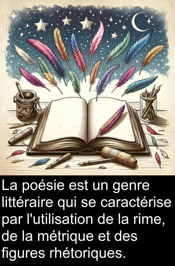 genre: La poésie est un genre littéraire qui se caractérise par l'utilisation de la rime, de la métrique et des figures rhétoriques.