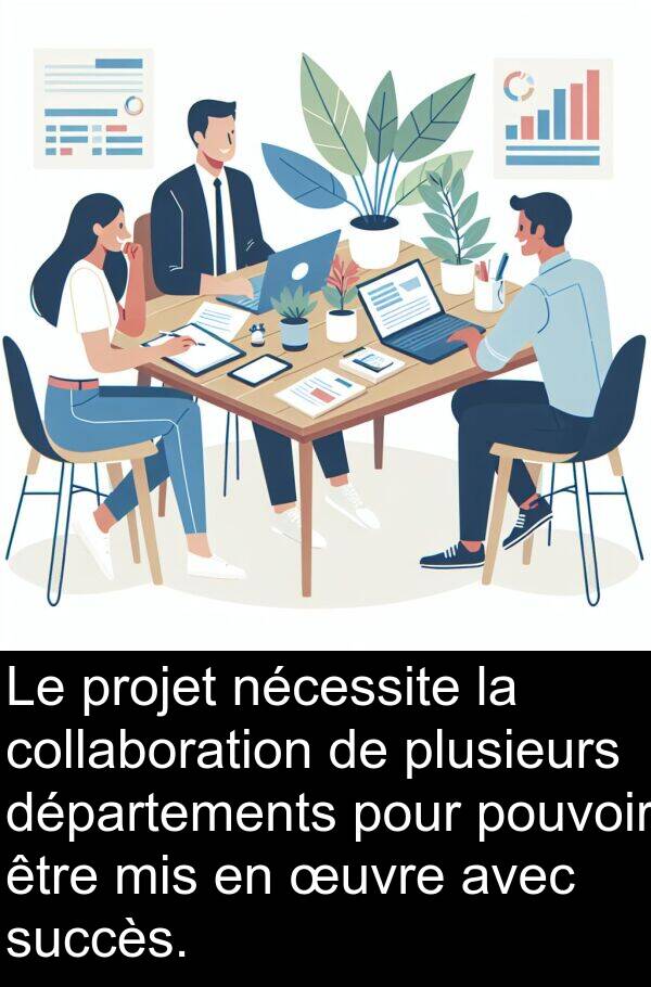 œuvre: Le projet nécessite la collaboration de plusieurs départements pour pouvoir être mis en œuvre avec succès.