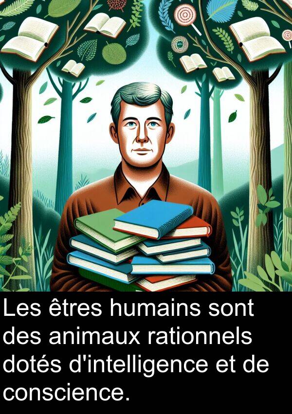 conscience: Les êtres humains sont des animaux rationnels dotés d'intelligence et de conscience.