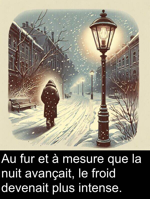 nuit: Au fur et à mesure que la nuit avançait, le froid devenait plus intense.