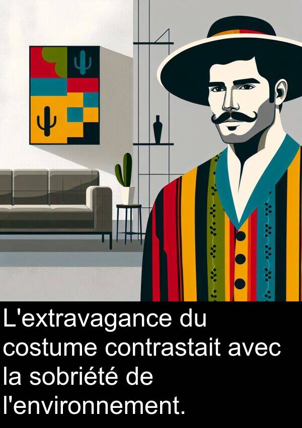 costume: L'extravagance du costume contrastait avec la sobriété de l'environnement.