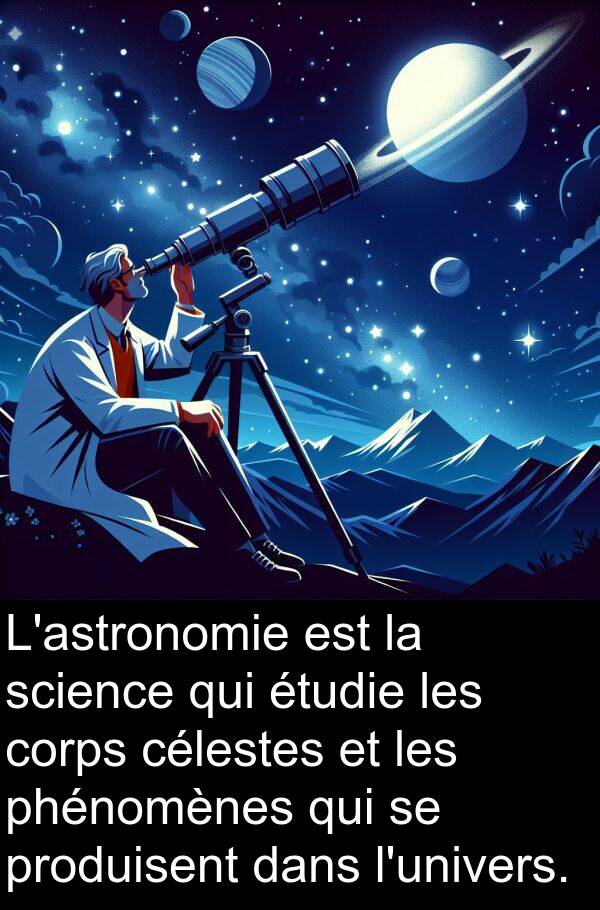 célestes: L'astronomie est la science qui étudie les corps célestes et les phénomènes qui se produisent dans l'univers.