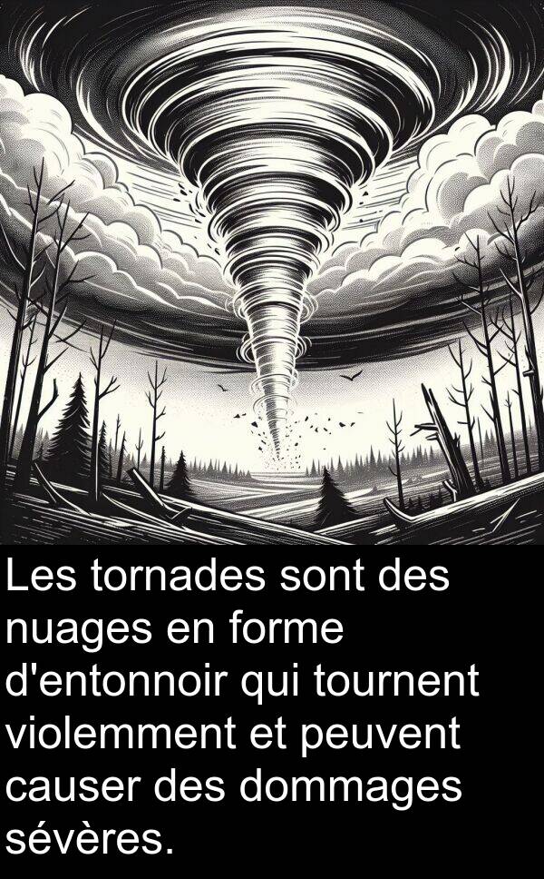 tornades: Les tornades sont des nuages en forme d'entonnoir qui tournent violemment et peuvent causer des dommages sévères.