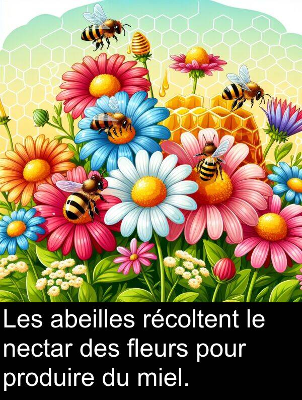 miel: Les abeilles récoltent le nectar des fleurs pour produire du miel.