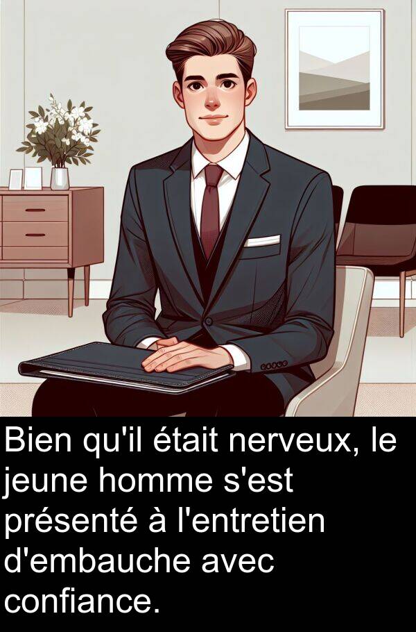 jeune: Bien qu'il était nerveux, le jeune homme s'est présenté à l'entretien d'embauche avec confiance.