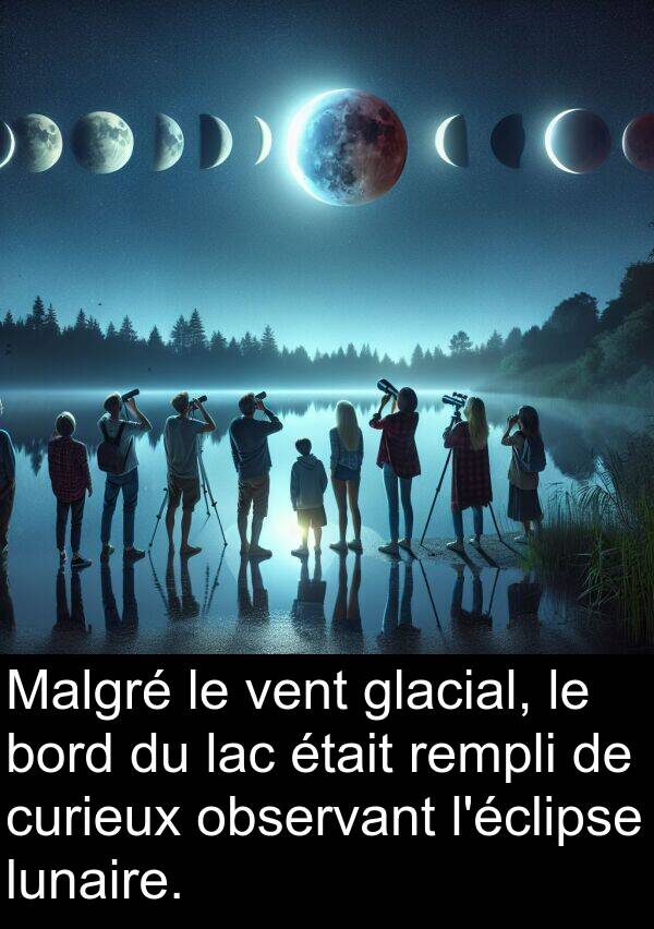 lac: Malgré le vent glacial, le bord du lac était rempli de curieux observant l'éclipse lunaire.