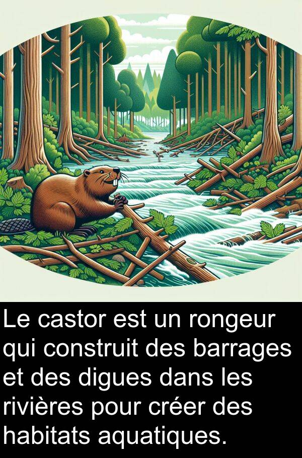 habitats: Le castor est un rongeur qui construit des barrages et des digues dans les rivières pour créer des habitats aquatiques.