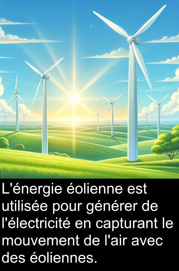 générer: L'énergie éolienne est utilisée pour générer de l'électricité en capturant le mouvement de l'air avec des éoliennes.