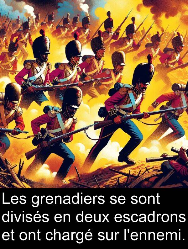 divisés: Les grenadiers se sont divisés en deux escadrons et ont chargé sur l'ennemi.