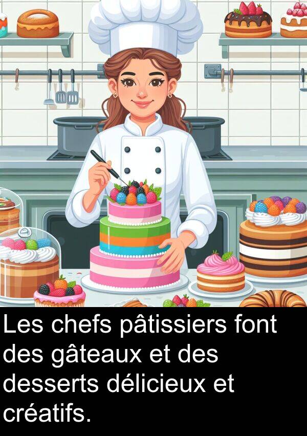gâteaux: Les chefs pâtissiers font des gâteaux et des desserts délicieux et créatifs.