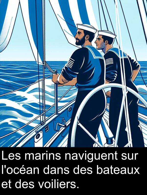 voiliers: Les marins naviguent sur l'océan dans des bateaux et des voiliers.