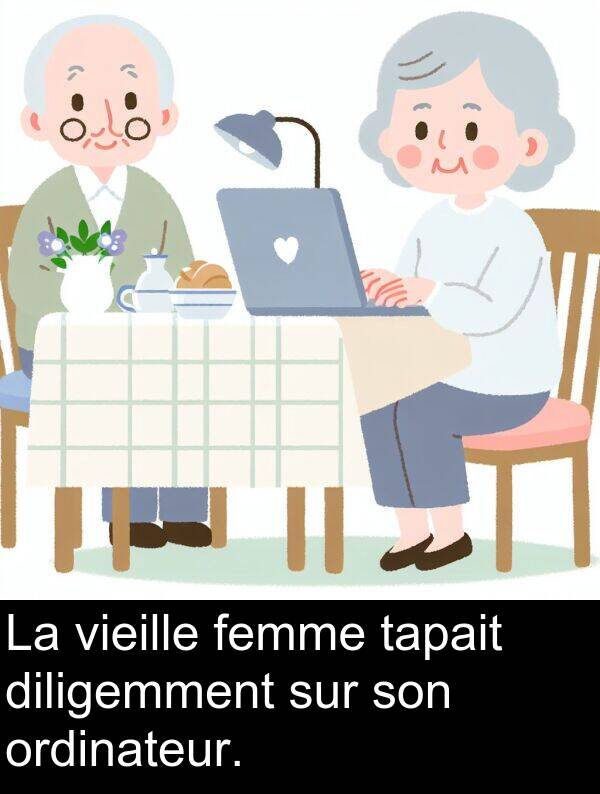 tapait: La vieille femme tapait diligemment sur son ordinateur.