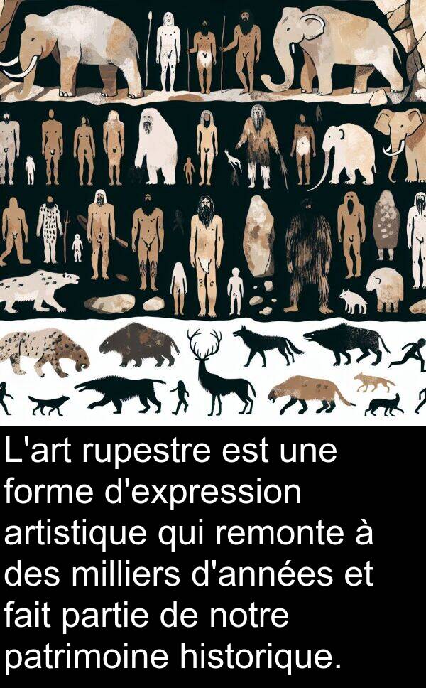 remonte: L'art rupestre est une forme d'expression artistique qui remonte à des milliers d'années et fait partie de notre patrimoine historique.