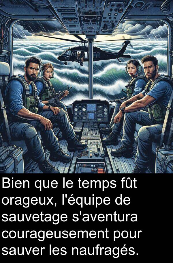 sauver: Bien que le temps fût orageux, l'équipe de sauvetage s'aventura courageusement pour sauver les naufragés.