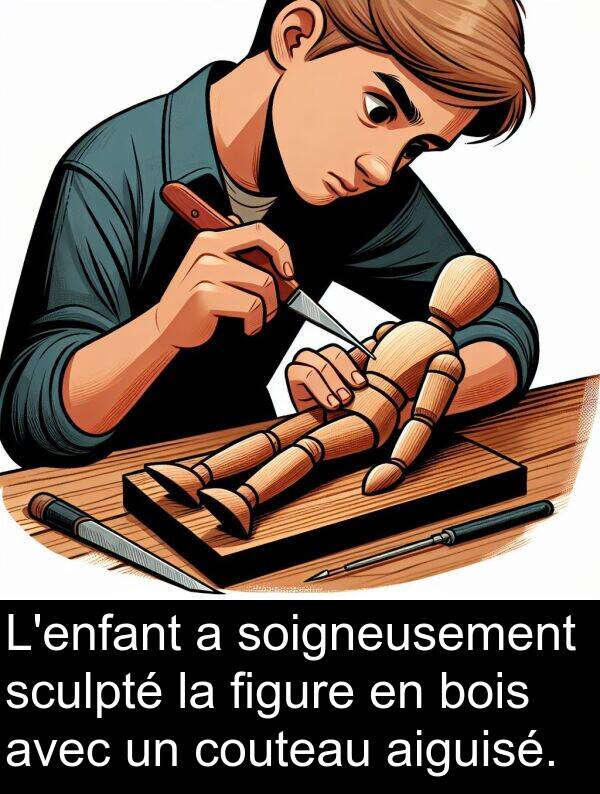 figure: L'enfant a soigneusement sculpté la figure en bois avec un couteau aiguisé.
