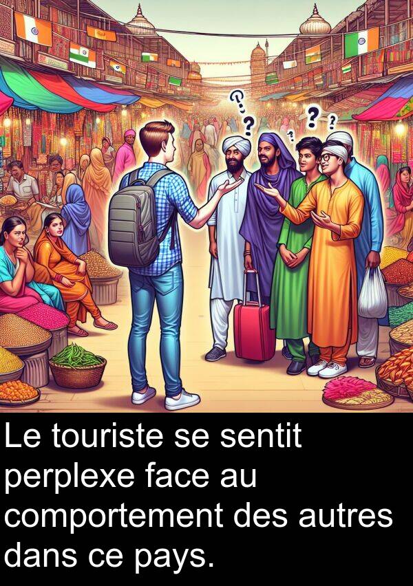 sentit: Le touriste se sentit perplexe face au comportement des autres dans ce pays.