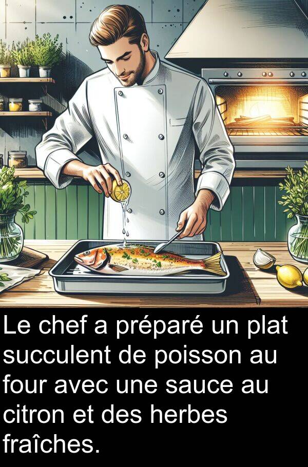 sauce: Le chef a préparé un plat succulent de poisson au four avec une sauce au citron et des herbes fraîches.