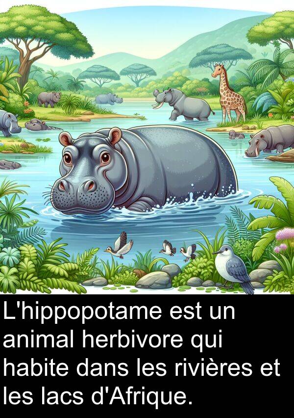 habite: L'hippopotame est un animal herbivore qui habite dans les rivières et les lacs d'Afrique.