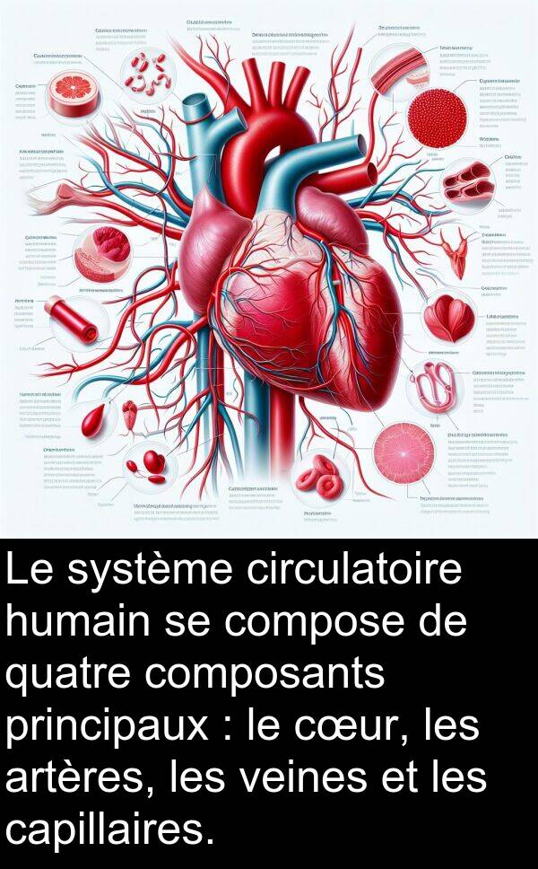 veines: Le système circulatoire humain se compose de quatre composants principaux : le cœur, les artères, les veines et les capillaires.