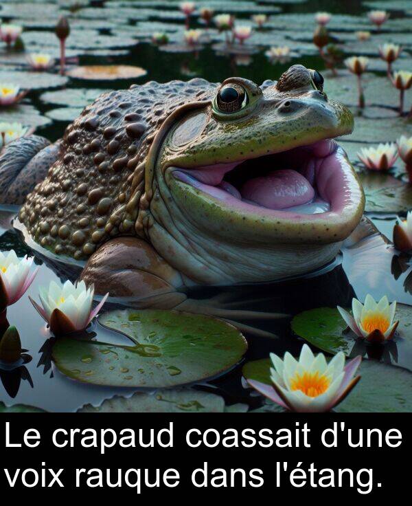 coassait: Le crapaud coassait d'une voix rauque dans l'étang.