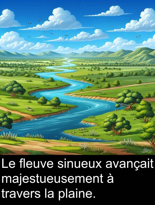 fleuve: Le fleuve sinueux avançait majestueusement à travers la plaine.