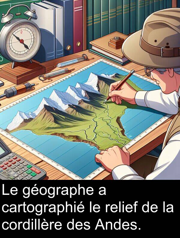 géographe: Le géographe a cartographié le relief de la cordillère des Andes.