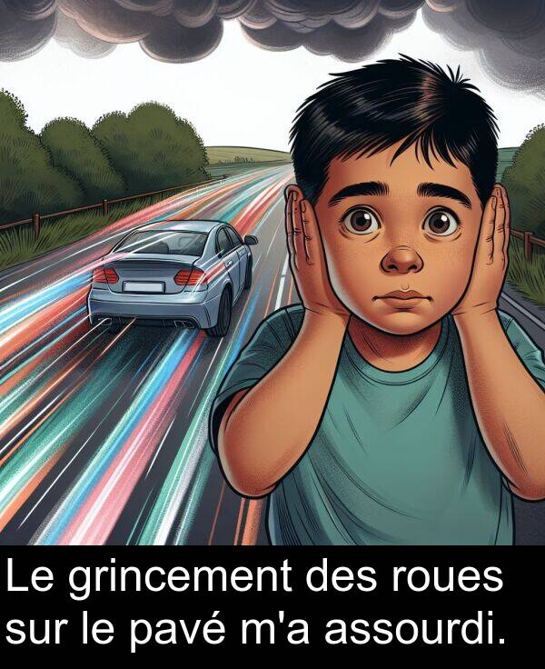 sur: Le grincement des roues sur le pavé m'a assourdi.