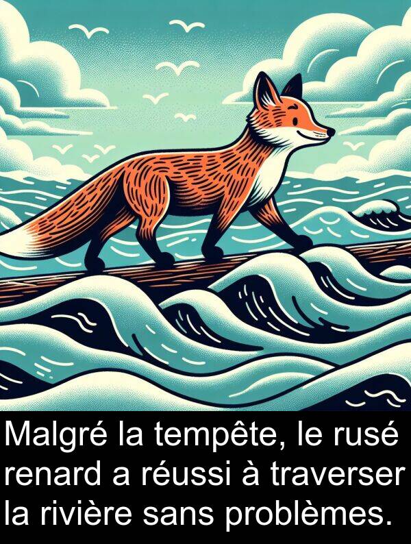 sans: Malgré la tempête, le rusé renard a réussi à traverser la rivière sans problèmes.