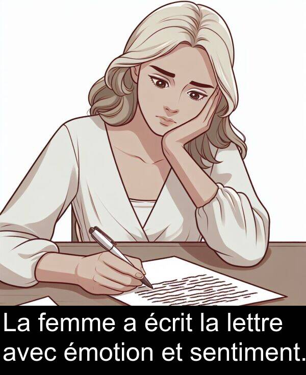 écrit: La femme a écrit la lettre avec émotion et sentiment.