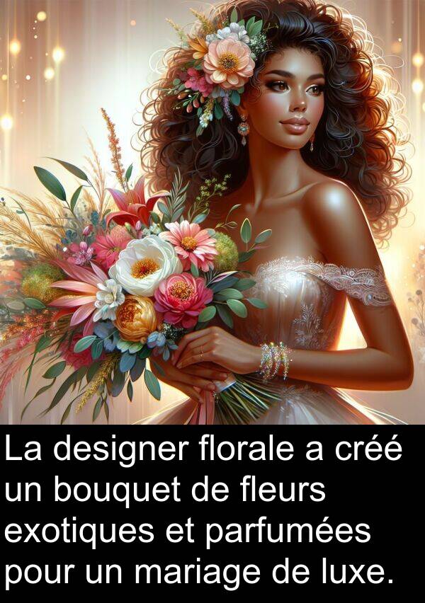 florale: La designer florale a créé un bouquet de fleurs exotiques et parfumées pour un mariage de luxe.