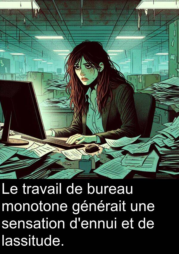 lassitude: Le travail de bureau monotone générait une sensation d'ennui et de lassitude.