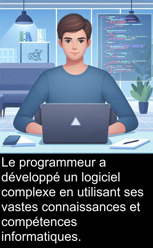 logiciel: Le programmeur a développé un logiciel complexe en utilisant ses vastes connaissances et compétences informatiques.