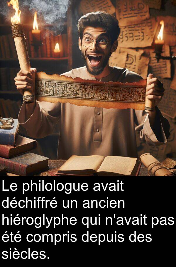 déchiffré: Le philologue avait déchiffré un ancien hiéroglyphe qui n'avait pas été compris depuis des siècles.