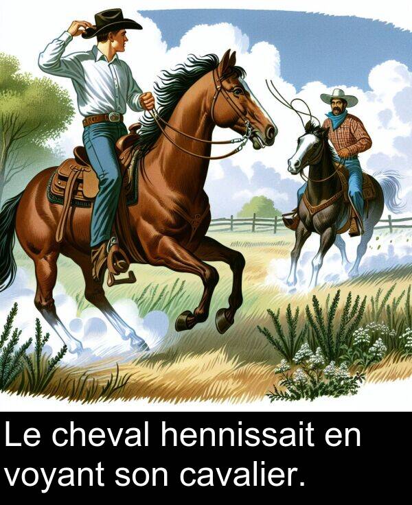 hennissait: Le cheval hennissait en voyant son cavalier.