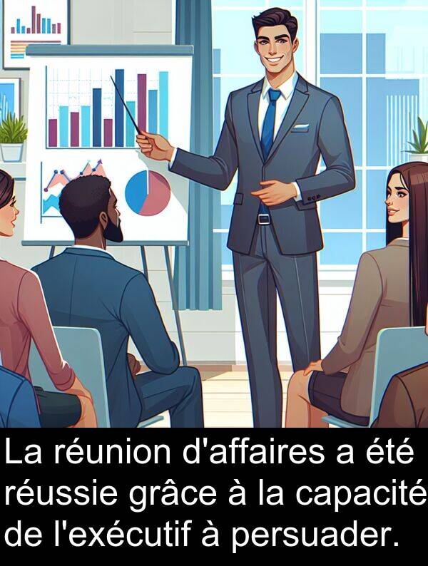 capacité: La réunion d'affaires a été réussie grâce à la capacité de l'exécutif à persuader.
