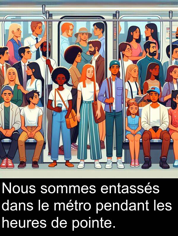 métro: Nous sommes entassés dans le métro pendant les heures de pointe.