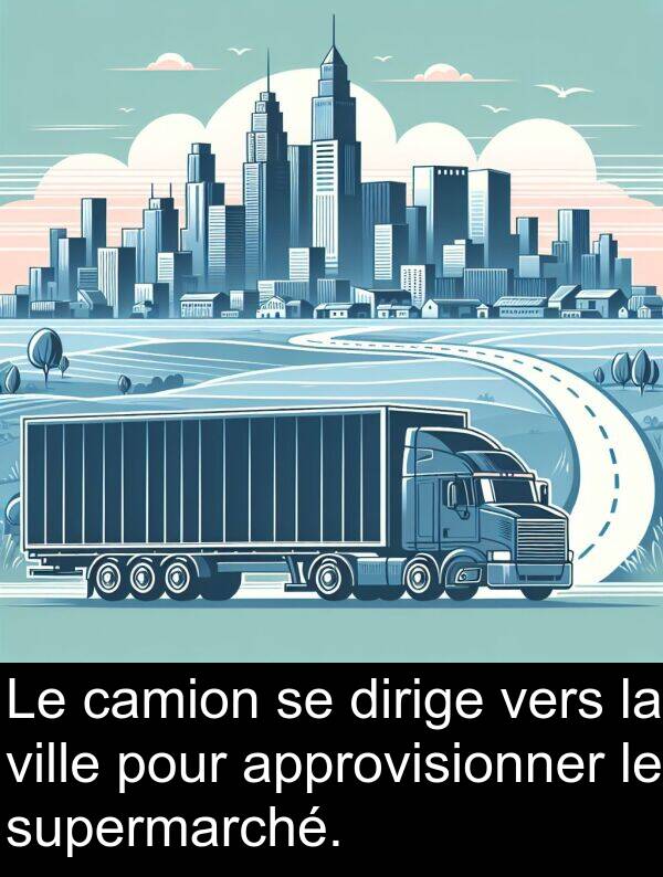 vers: Le camion se dirige vers la ville pour approvisionner le supermarché.